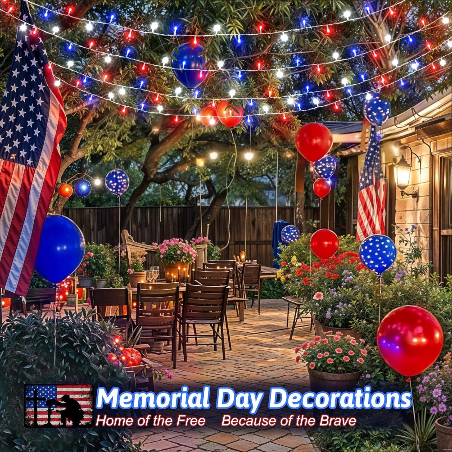 Red White and Blue Lights String for 4Th of July Decorations Outdoor Total 100 LED 33Ft for Memorial Day Decorations, Battery Operated Waterproof Timer Patriotic for Independence Day, 2-Pack