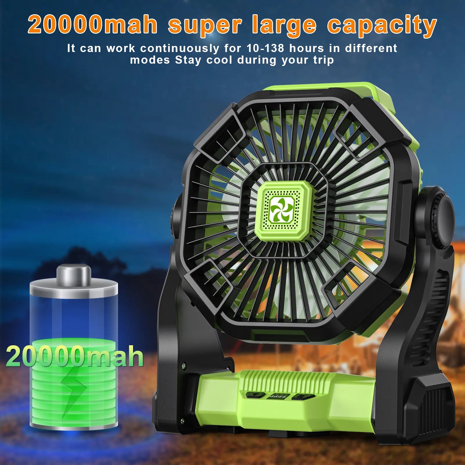 DOVILUXE 20000Mah 3-In-1 Rechargeable Camping Fan – LED Light, Power Bank & 360° Rotating 4-Speed Fan – Perfect for Camping, Travel & Emergency Use!