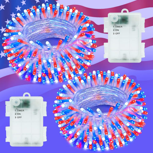 Red White and Blue Lights String for 4Th of July Decorations Outdoor Total 100 LED 33Ft for Memorial Day Decorations, Battery Operated Waterproof Timer Patriotic for Independence Day, 2-Pack