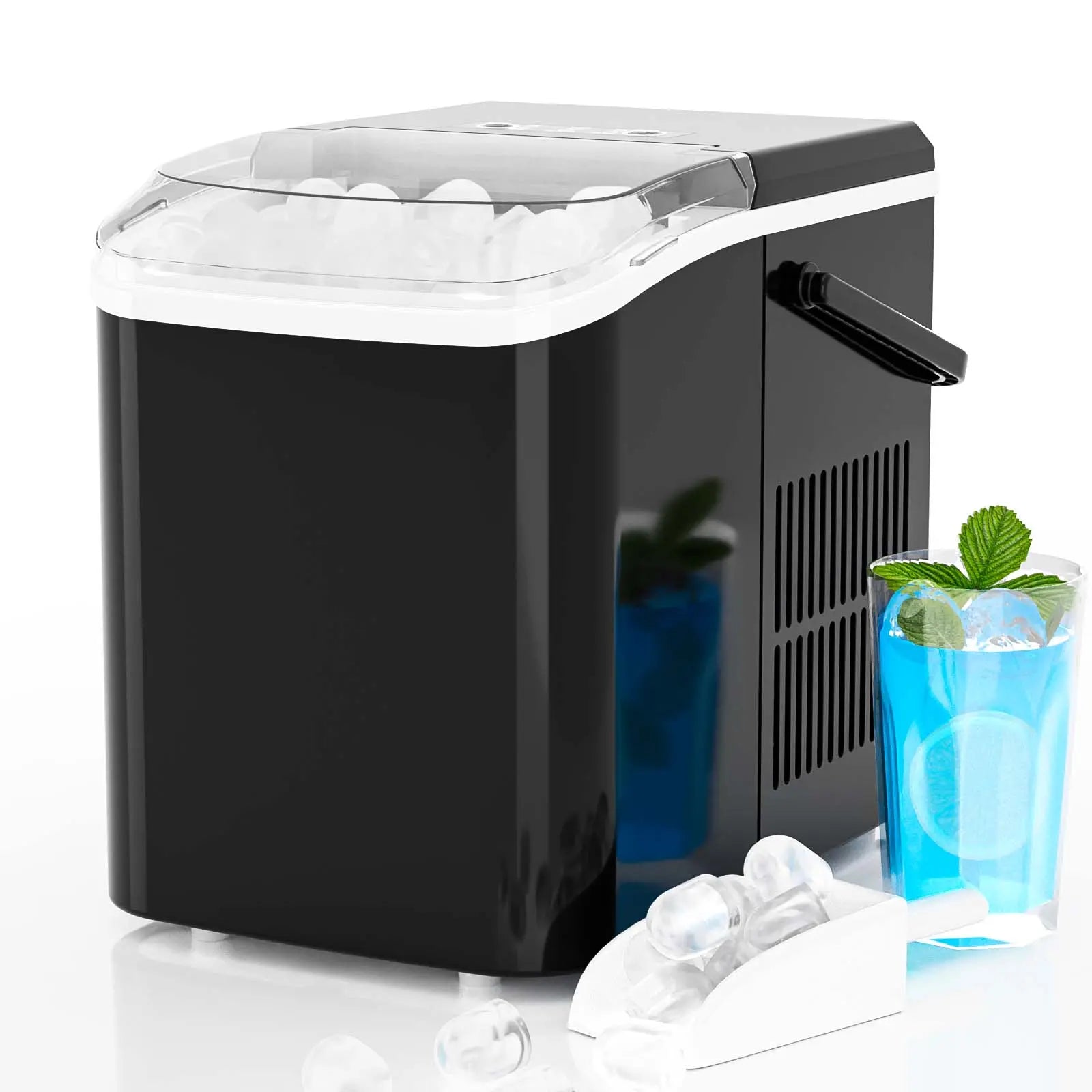 Bullet Ice Machine - Portable Compact Countertop Maker, Self-Cleaning, Quick-Freeze, 26.5Lbs/Day Production, 9 Cubes in 6 Mins, 2 Cube Sizes, Includes Ice Scoop & Storage Basket