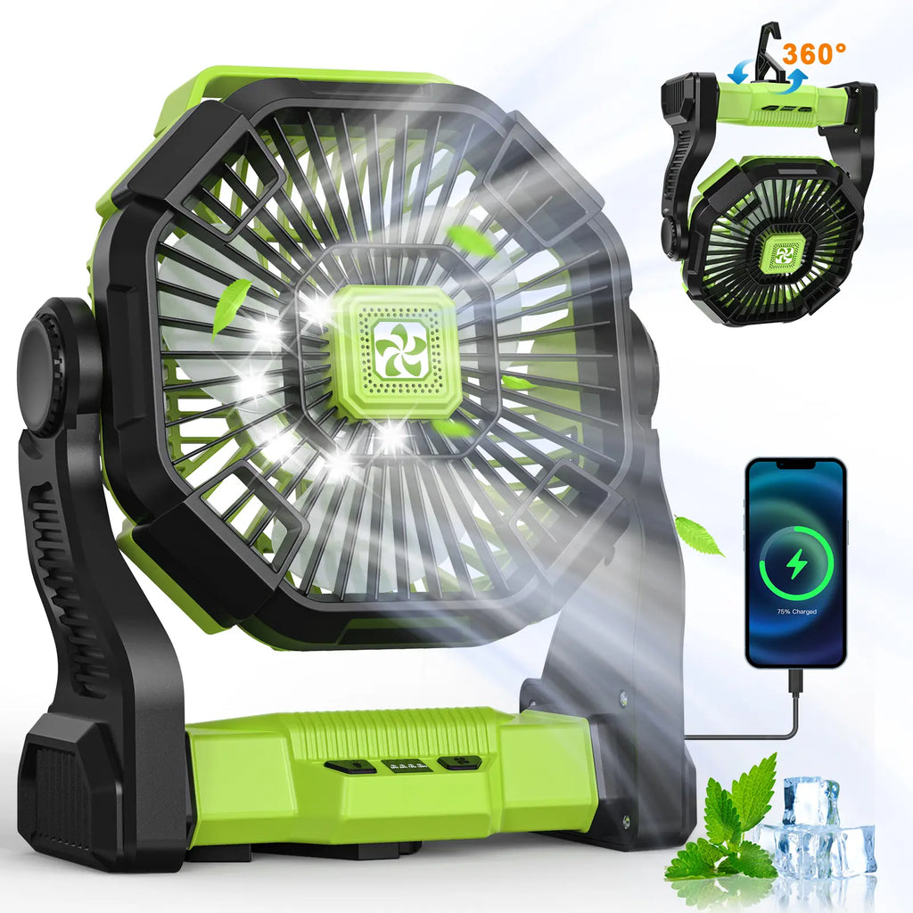 DOVILUXE 20000Mah 3-In-1 Rechargeable Camping Fan – LED Light, Power Bank & 360° Rotating 4-Speed Fan – Perfect for Camping, Travel & Emergency Use!