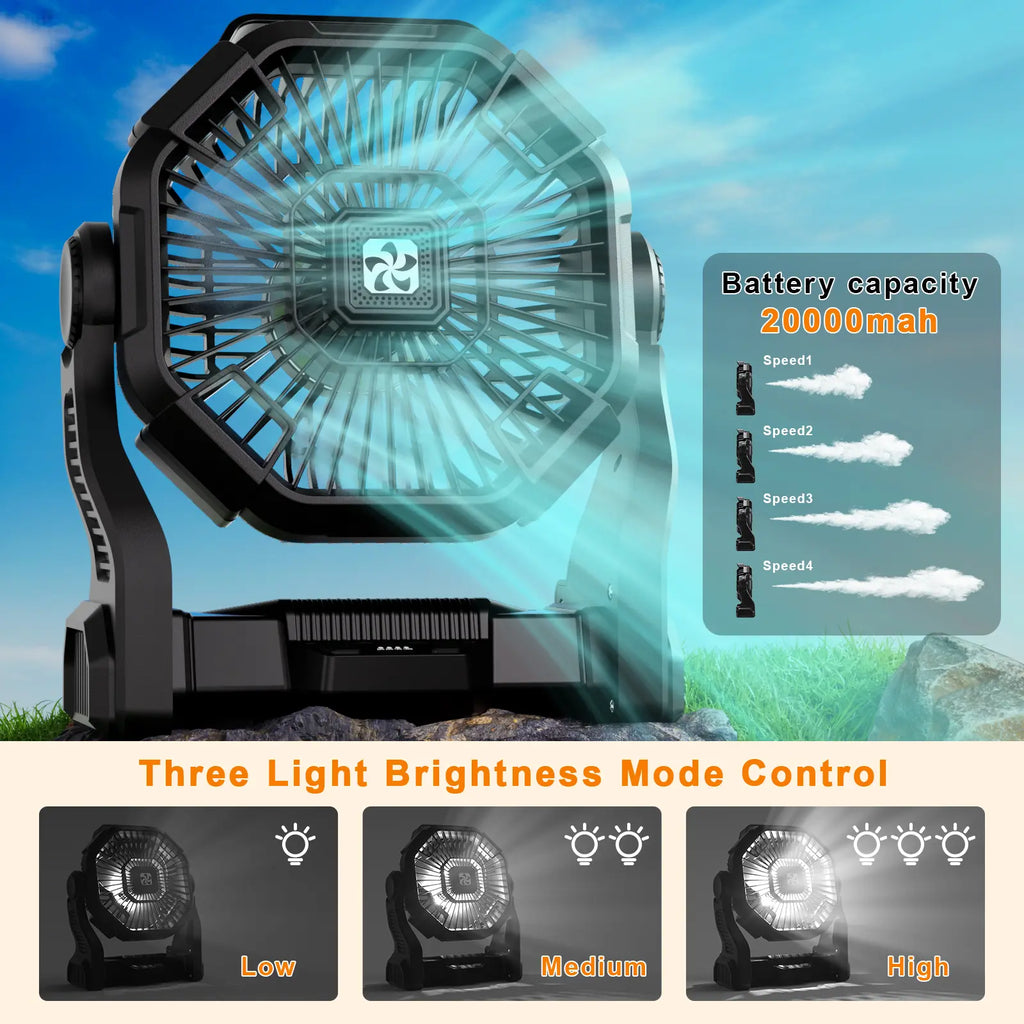 DOVILUXE 20000Mah 3-In-1 Rechargeable Camping Fan – LED Light, Power Bank & 360° Rotating 4-Speed Fan – Perfect for Camping, Travel & Emergency Use!
