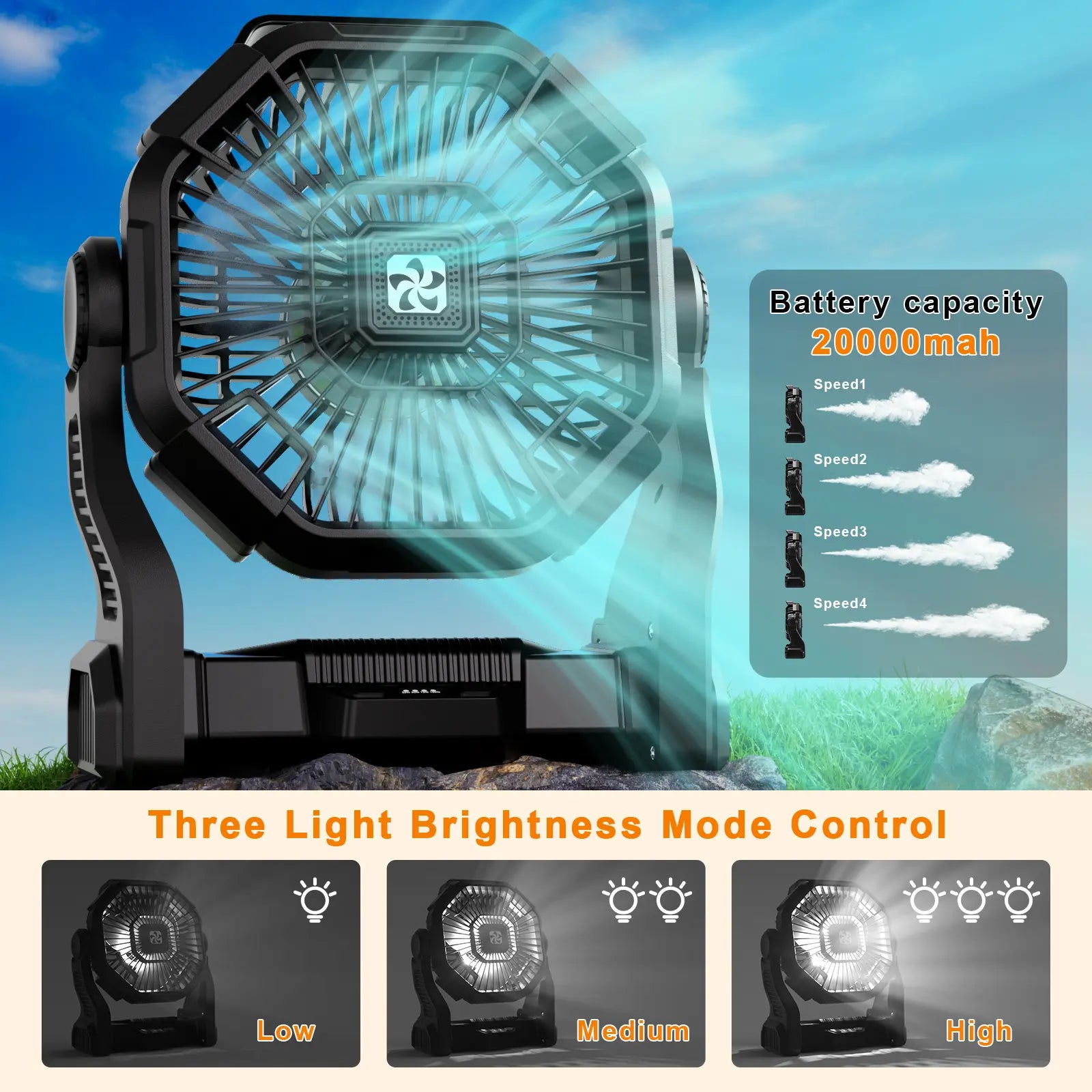 DOVILUXE 20000Mah 3-In-1 Rechargeable Camping Fan – LED Light, Power Bank & 360° Rotating 4-Speed Fan – Perfect for Camping, Travel & Emergency Use!