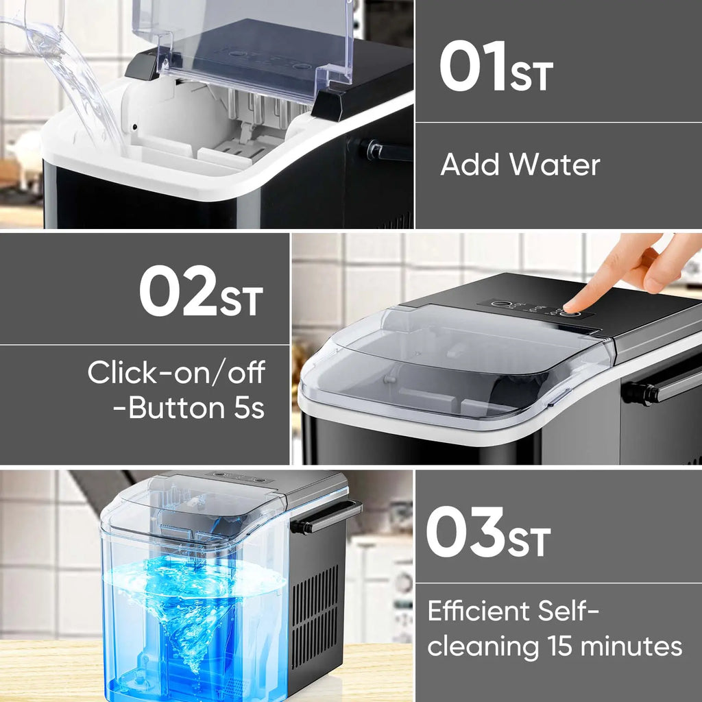 Bullet Ice Machine - Portable Compact Countertop Maker, Self-Cleaning, Quick-Freeze, 26.5Lbs/Day Production, 9 Cubes in 6 Mins, 2 Cube Sizes, Includes Ice Scoop & Storage Basket