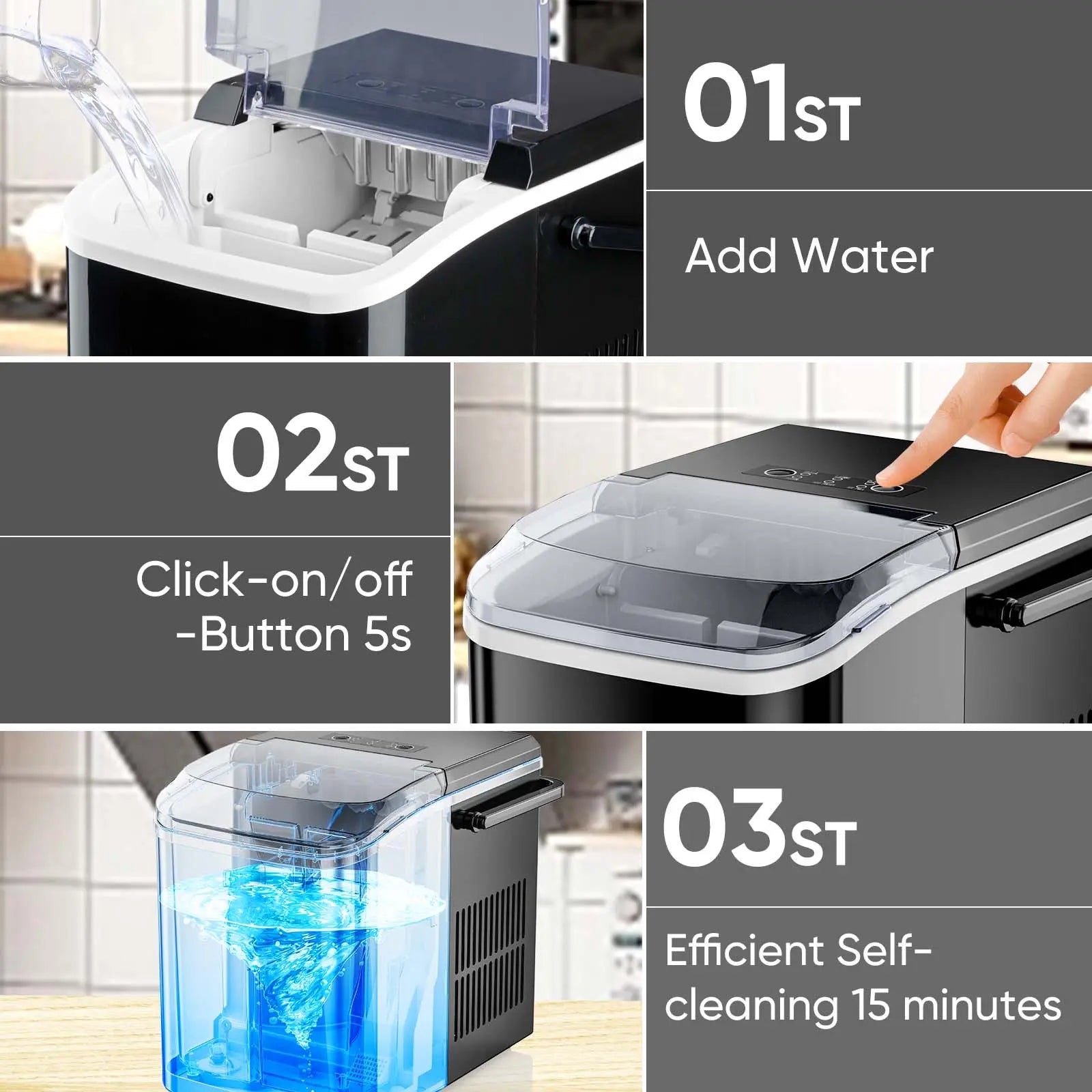 Bullet Ice Machine - Portable Compact Countertop Maker, Self-Cleaning, Quick-Freeze, 26.5Lbs/Day Production, 9 Cubes in 6 Mins, 2 Cube Sizes, Includes Ice Scoop & Storage Basket