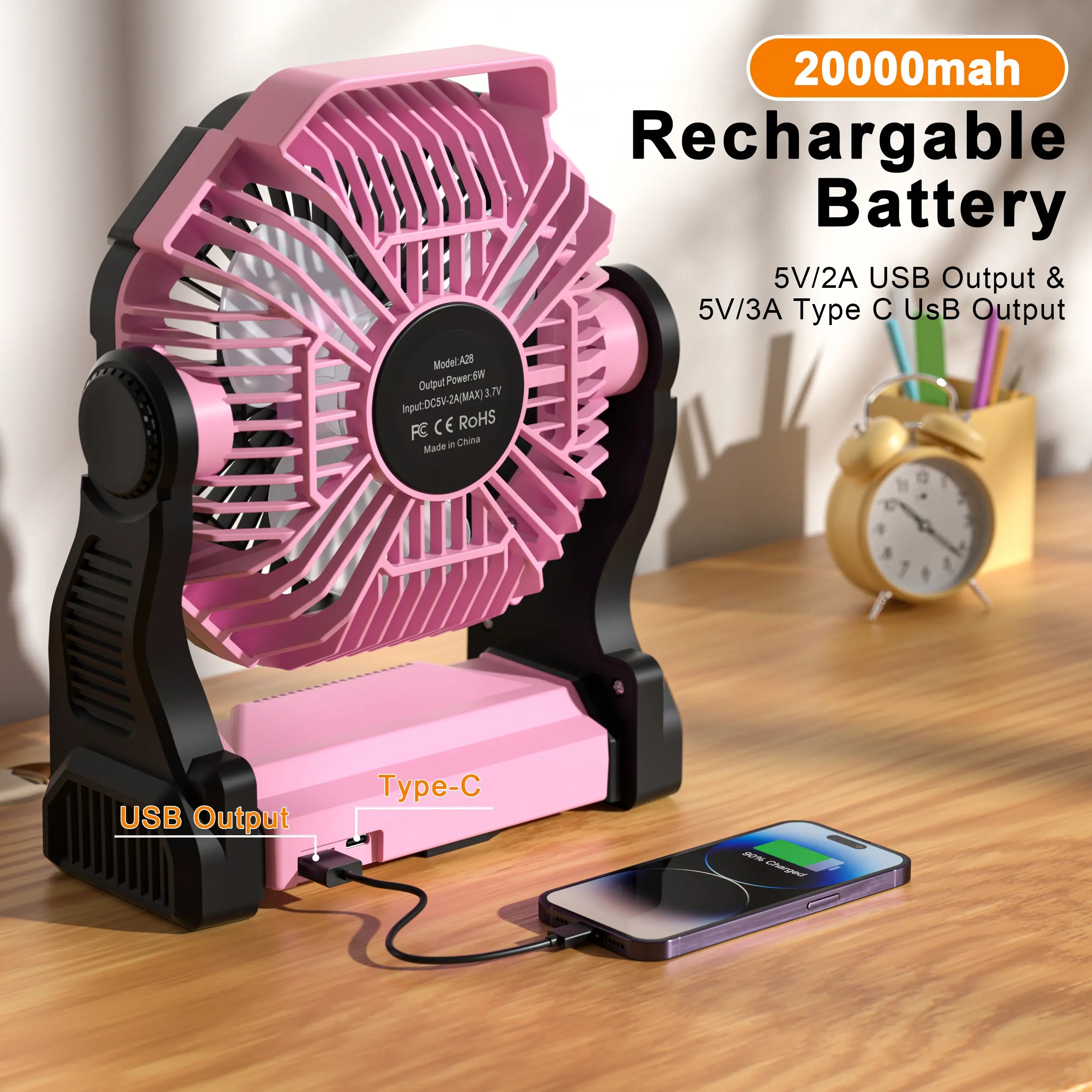 DOVILUXE 20000Mah 3-In-1 Rechargeable Camping Fan – LED Light, Power Bank & 360° Rotating 4-Speed Fan – Perfect for Camping, Travel & Emergency Use!