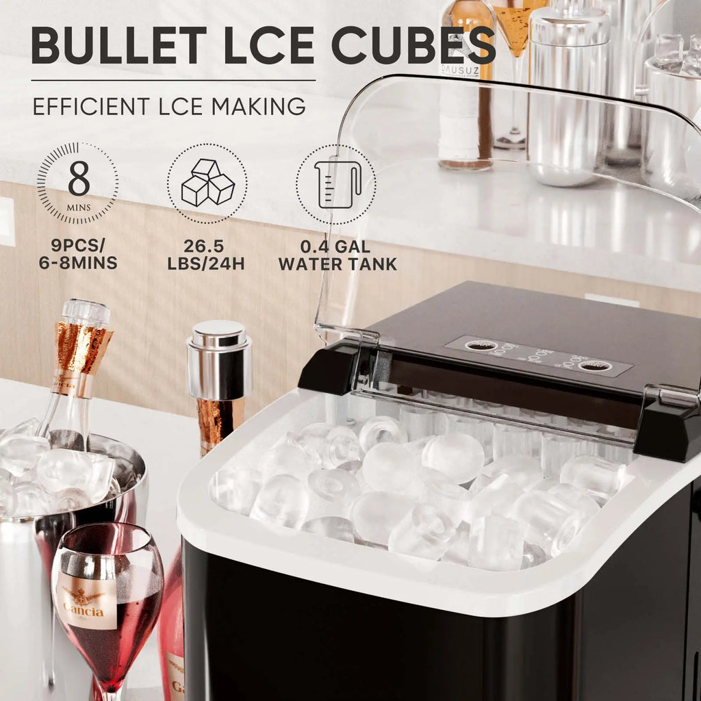 Bullet Ice Machine - Portable Compact Countertop Maker, Self-Cleaning, Quick-Freeze, 26.5Lbs/Day Production, 9 Cubes in 6 Mins, 2 Cube Sizes, Includes Ice Scoop & Storage Basket