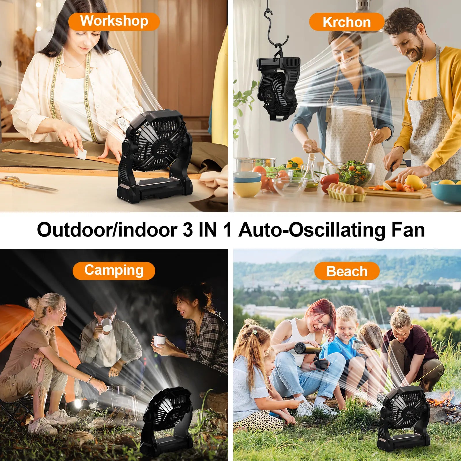 DOVILUXE 20000Mah 3-In-1 Rechargeable Camping Fan – LED Light, Power Bank & 360° Rotating 4-Speed Fan – Perfect for Camping, Travel & Emergency Use!