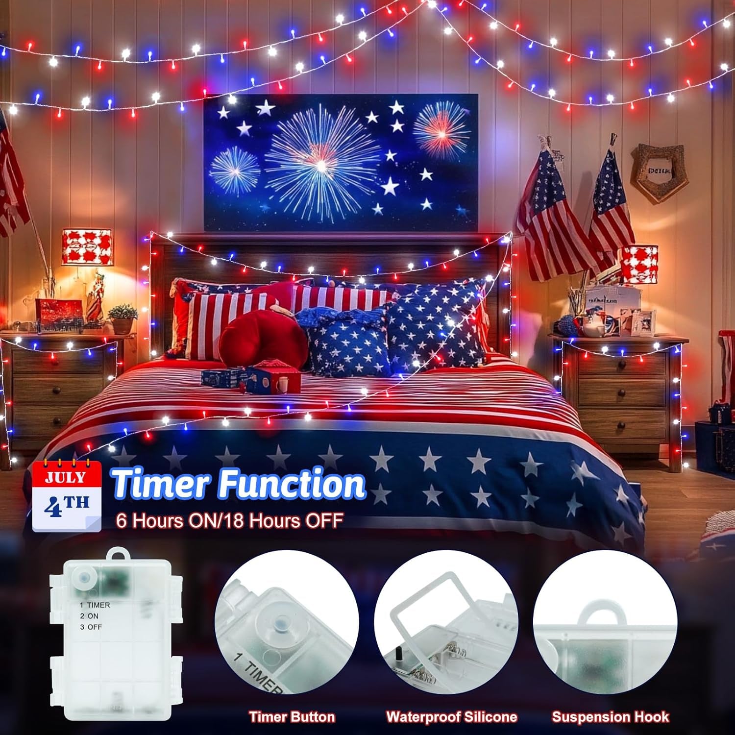 Red White and Blue Lights String for 4Th of July Decorations Outdoor Total 100 LED 33Ft for Memorial Day Decorations, Battery Operated Waterproof Timer Patriotic for Independence Day, 2-Pack