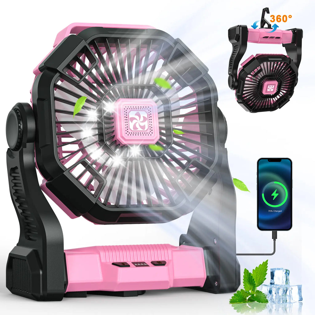 DOVILUXE 20000Mah 3-In-1 Rechargeable Camping Fan – LED Light, Power Bank & 360° Rotating 4-Speed Fan – Perfect for Camping, Travel & Emergency Use!