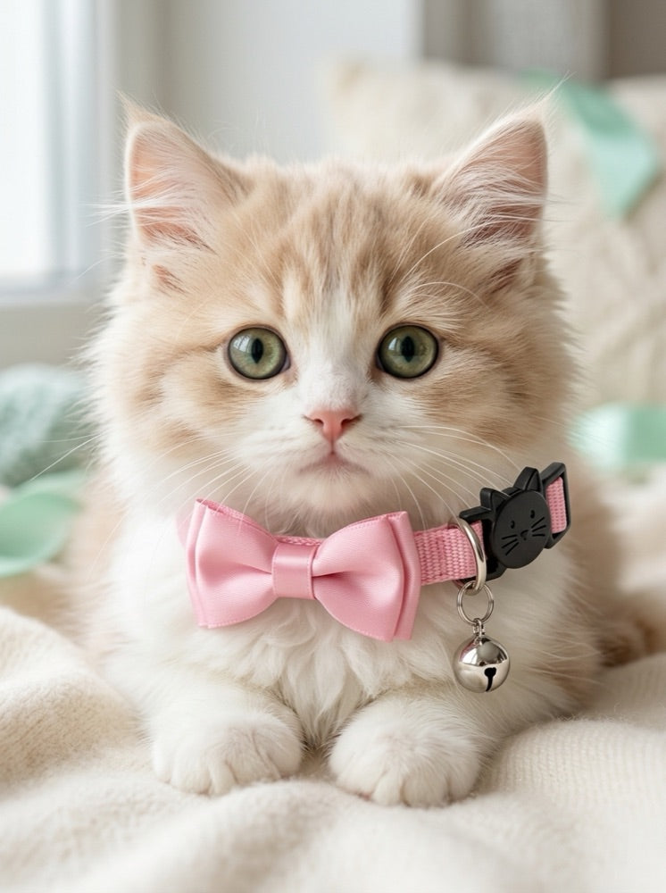 Kitten wearing a pink PawNoodle bow and bell cat collar