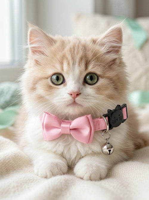 Kitten wearing a pink PawNoodle bow and bell cat collar