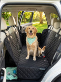Golden retriever sitting on PawNoodle waterproof car back-seat hammock cover