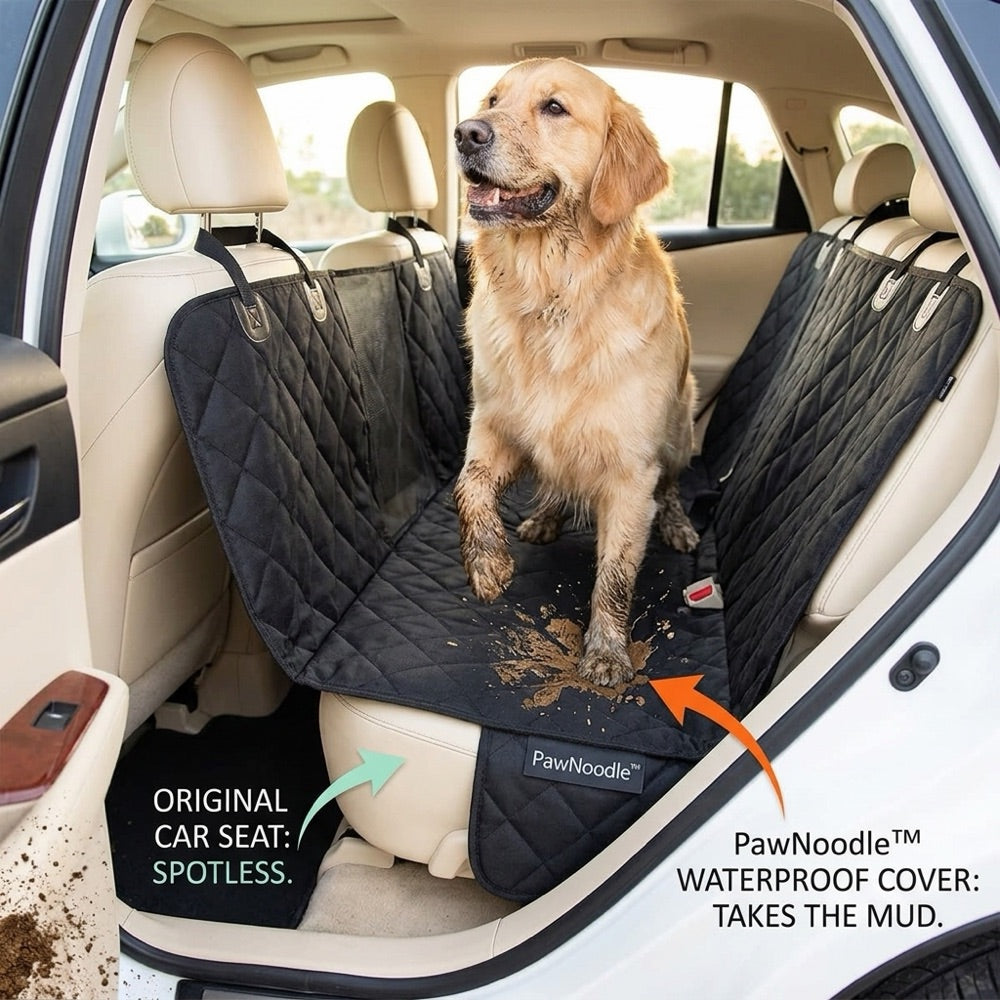 Dog stepping into a car onto the waterproof seat cover