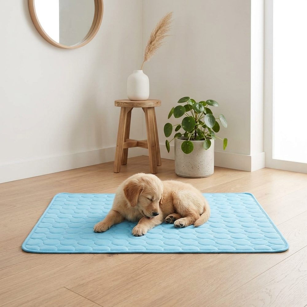 A puppy napping on the PawNoodle self-cooling mat in a bright room
