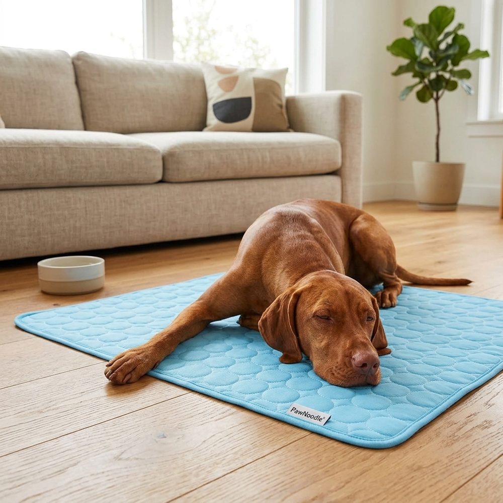 A dog cooling off on the PawNoodle self-cooling mat