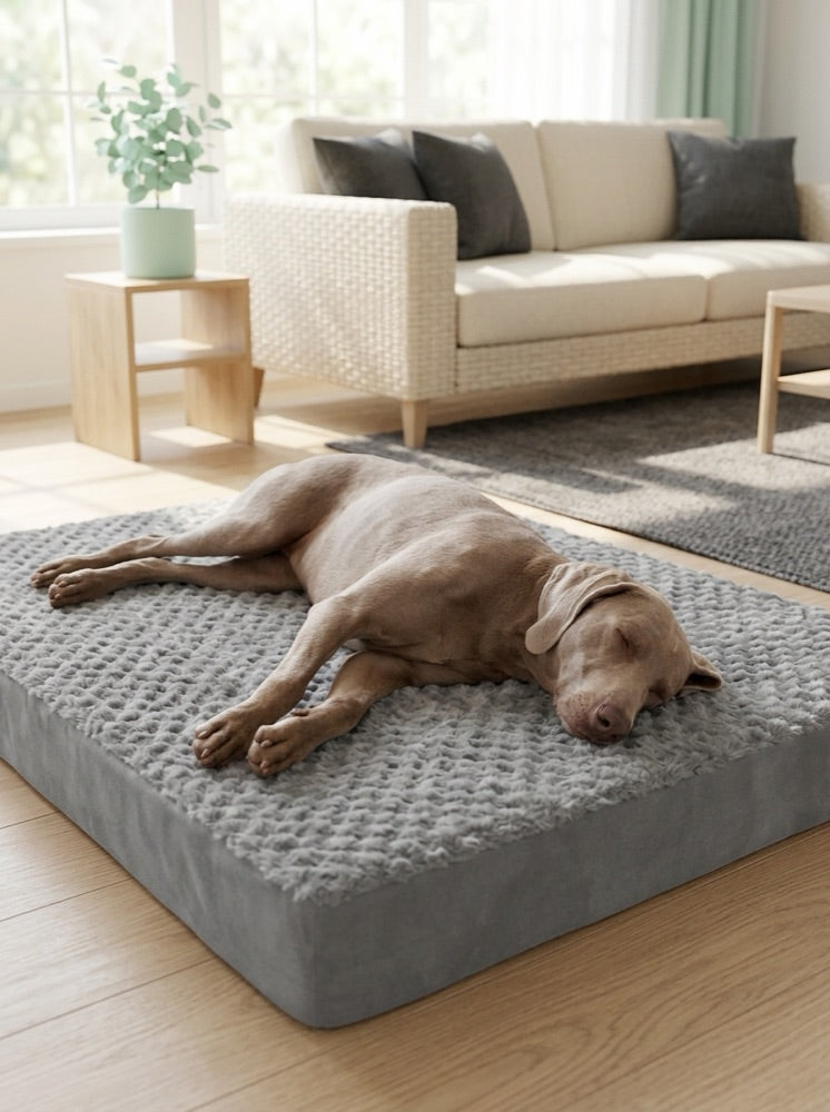 Dog asleep on a gray PawNoodle cooling memory-foam pet mattress