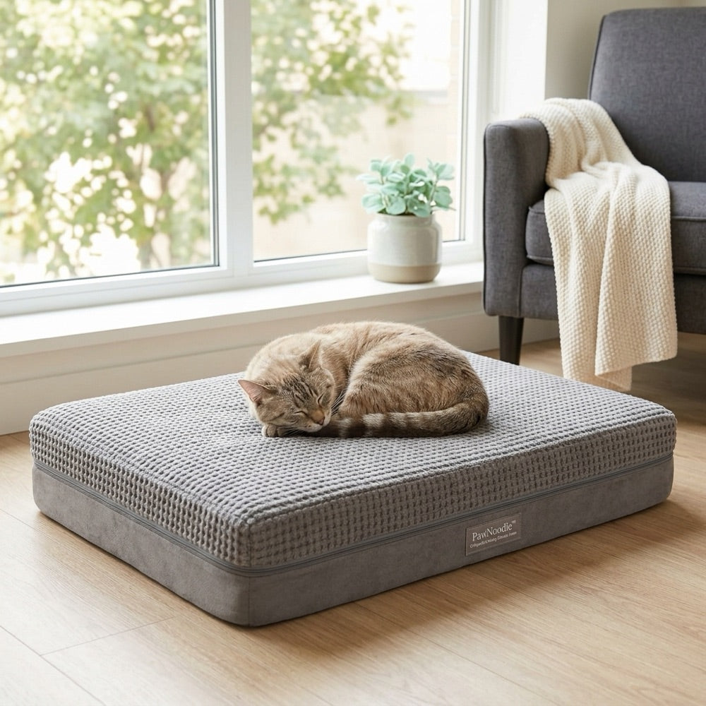 Cat resting on the cooling memory-foam pet mattress by a window