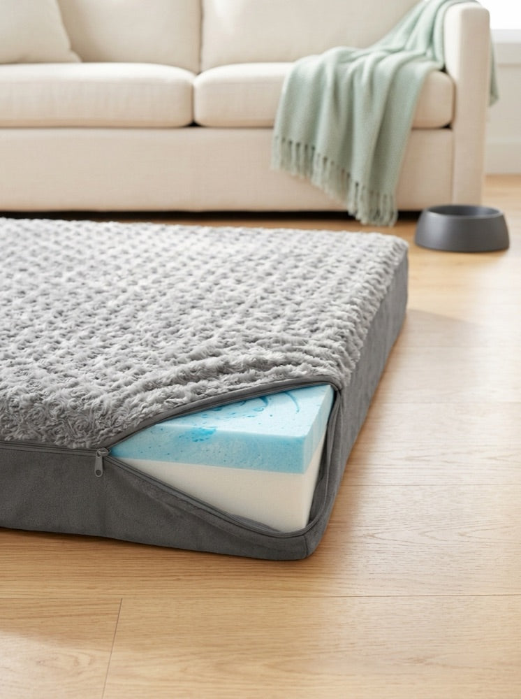 Side view of the gray memory-foam pet mattress showing its thickness